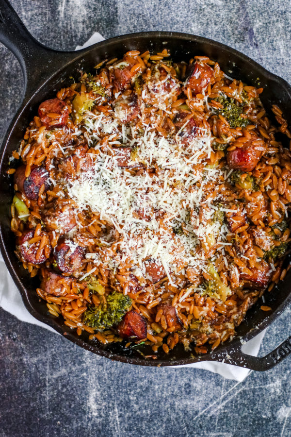 Chicken Sausage Broccoli And Orzo Skillet Lolo Home Kitchen