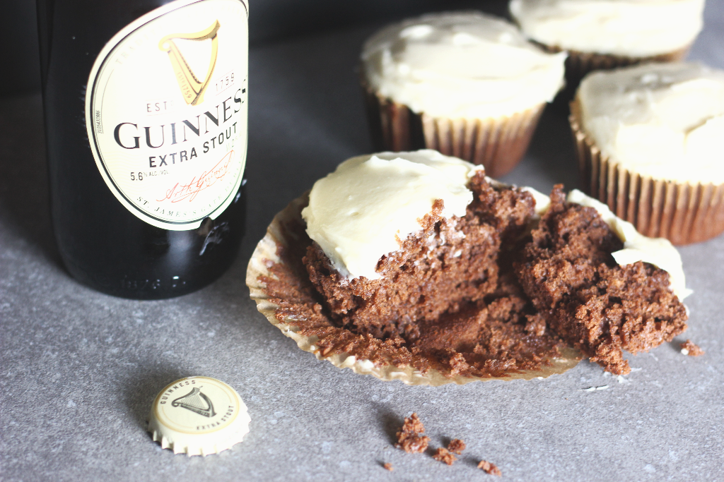 straight on shot of a black and tan guinness cupcake
