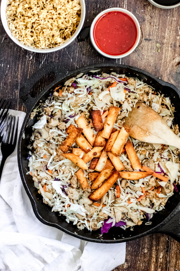 Overhead look of a skillet with al the fillings of an Egg Roll in a Bowl