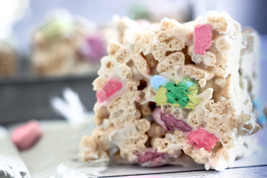 straight on view of a lucky charms marshmallow treats