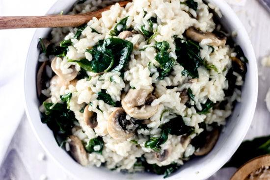 Overhead look at creamy mushroom risotto