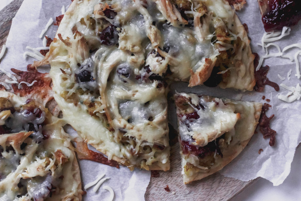 A close up look at a leftover Thanksgiving pizza recipe