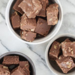 Overhead of chocolate fudge in white bowls
