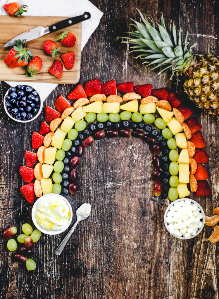 overhead view of a fruit rainbow