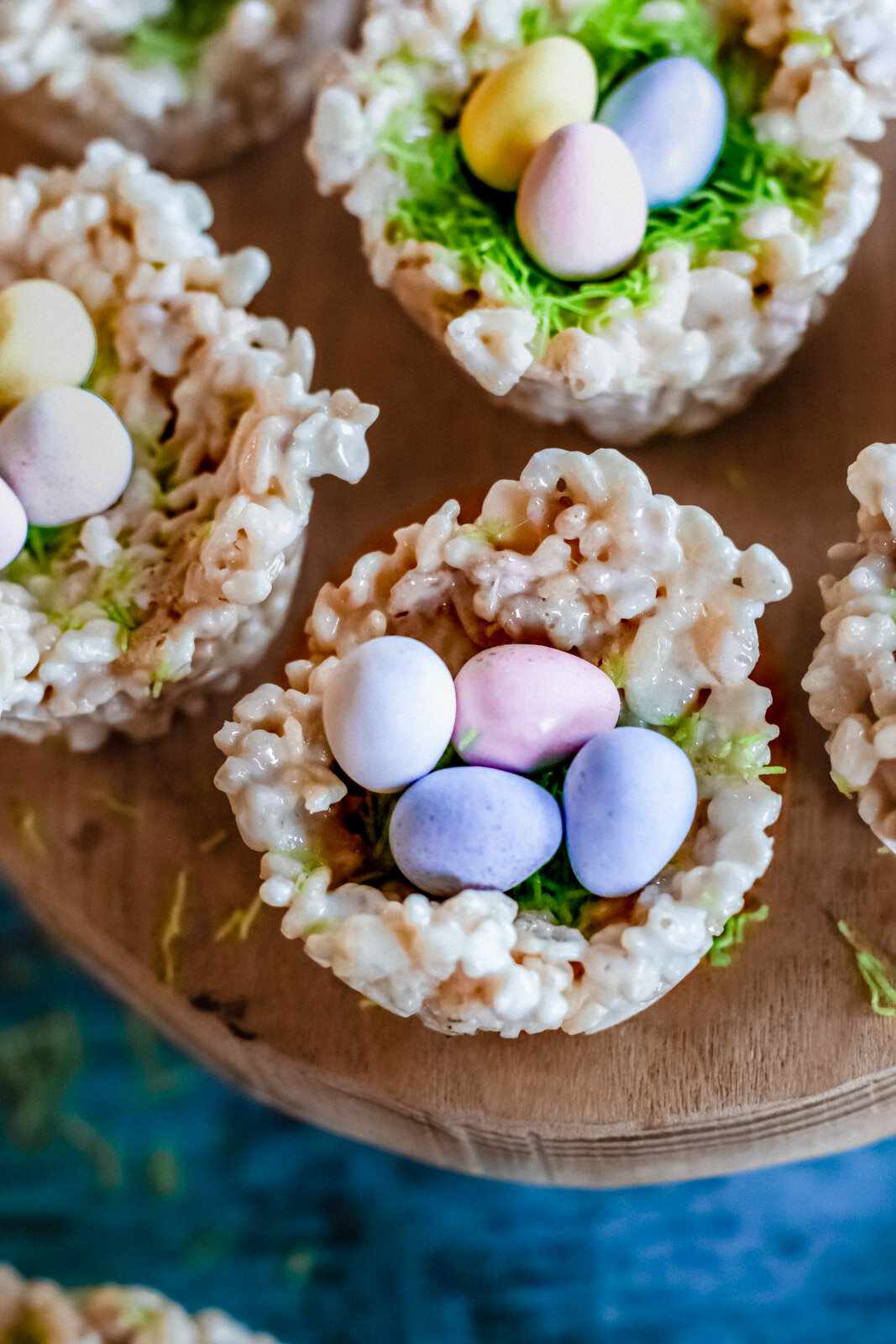 Overhead view of a Rice Krispie Treat Nest filled with candy eggs