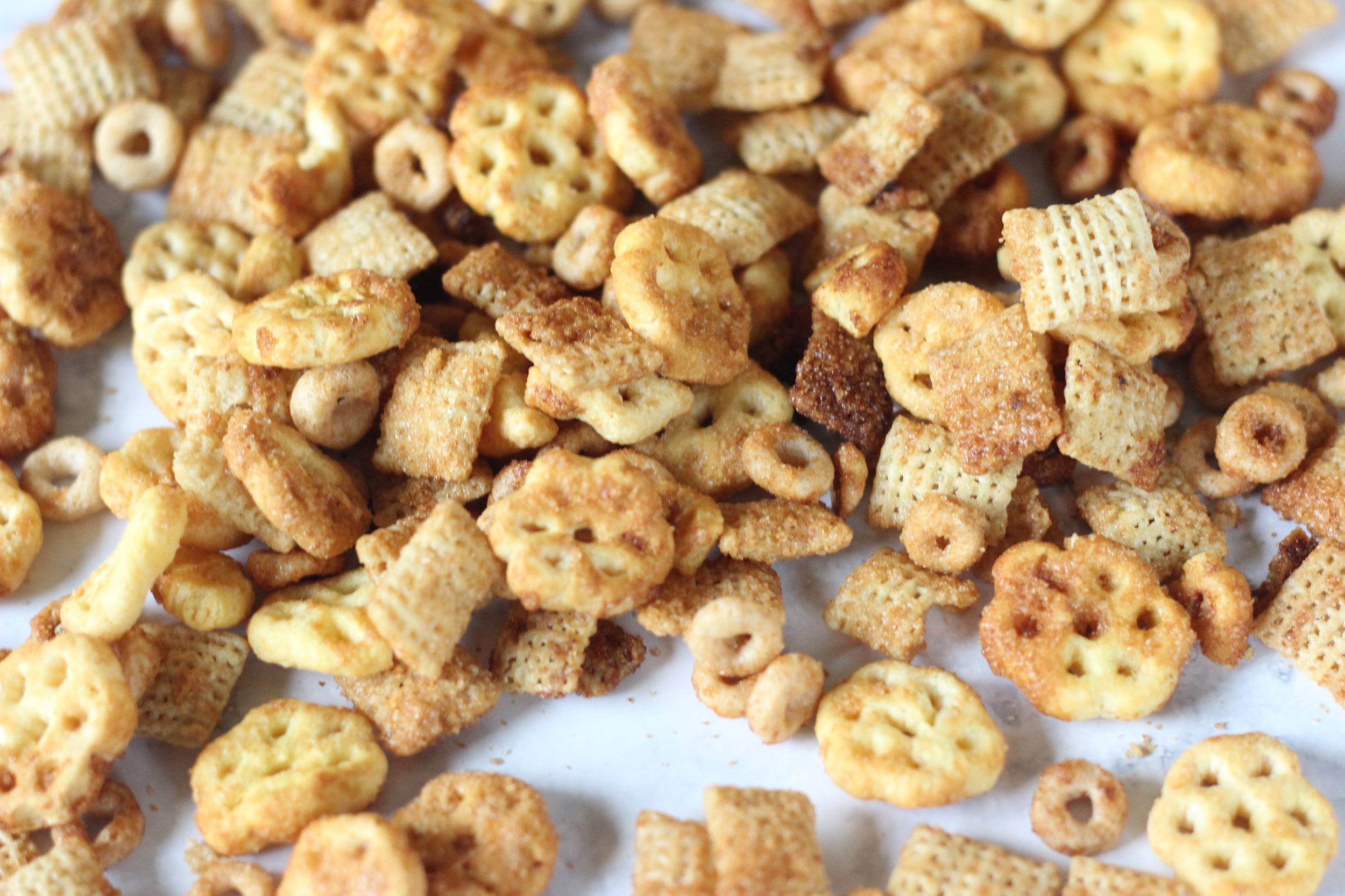 overhead view of a bowl of Sweet and Salty Chex Mix