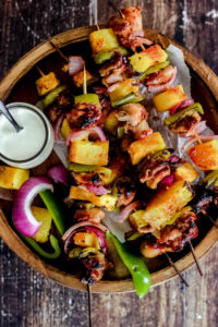 overhead shot of Hawaiian chicken kabobs
