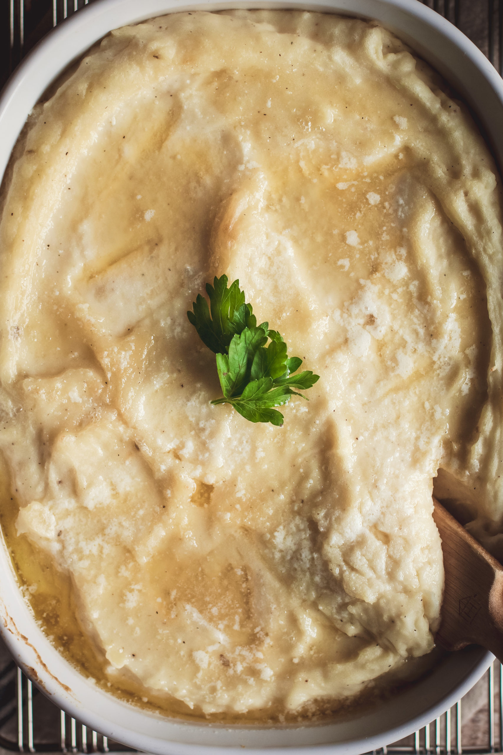 overhead photo of creamy and buttery mashed potatoes