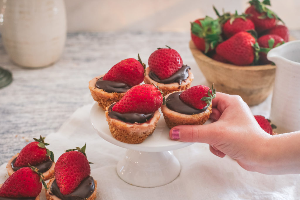 mini chocolate covered strawberry cheesecakes