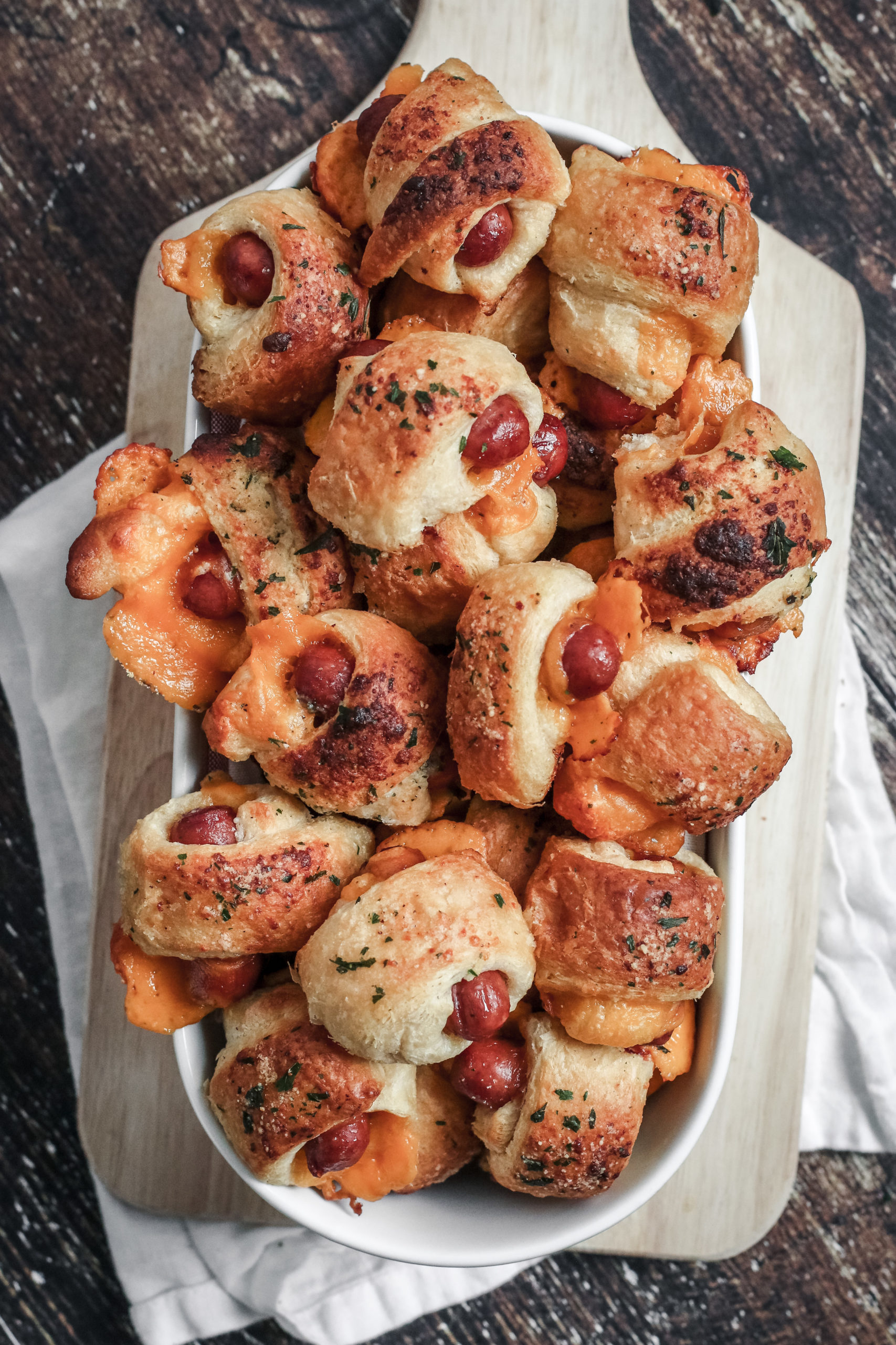 overhead view of cheesy pigs in a blanket