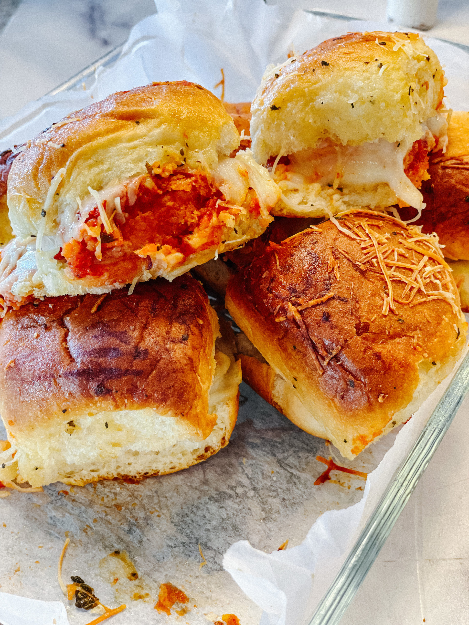 view of a pile of chicken parm sliders