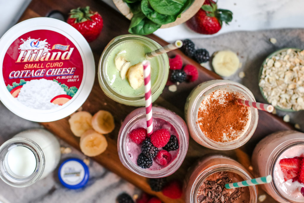 overhead view of colorful smoothies