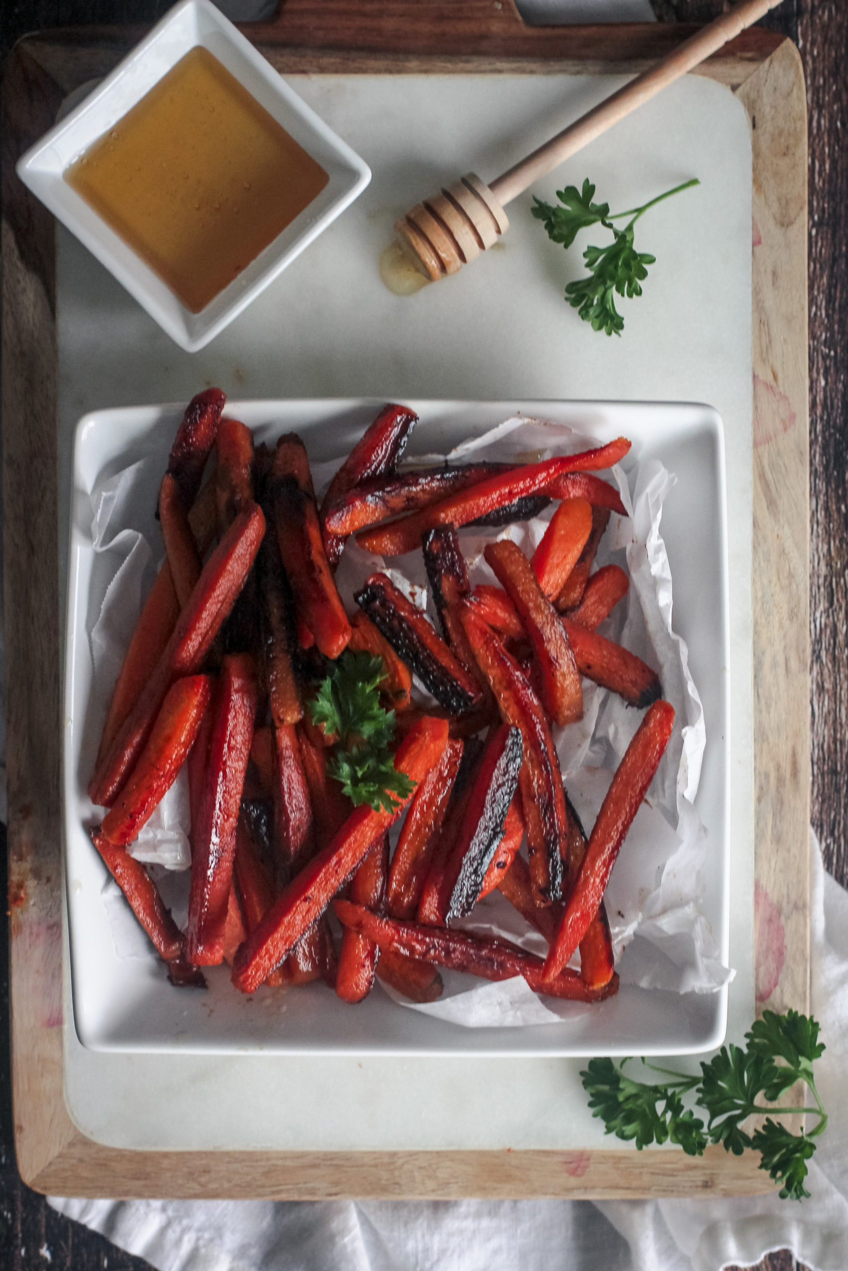 overhead view of roasted carrots