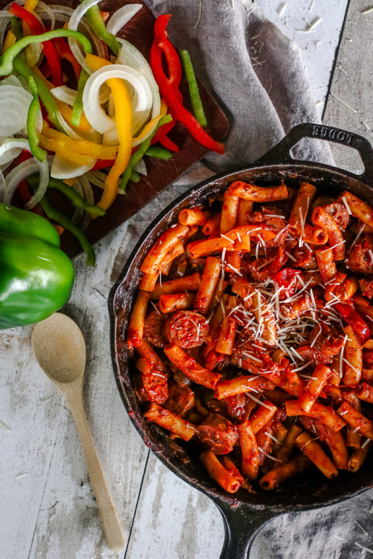 Overhead view of sausage and pepper pasta