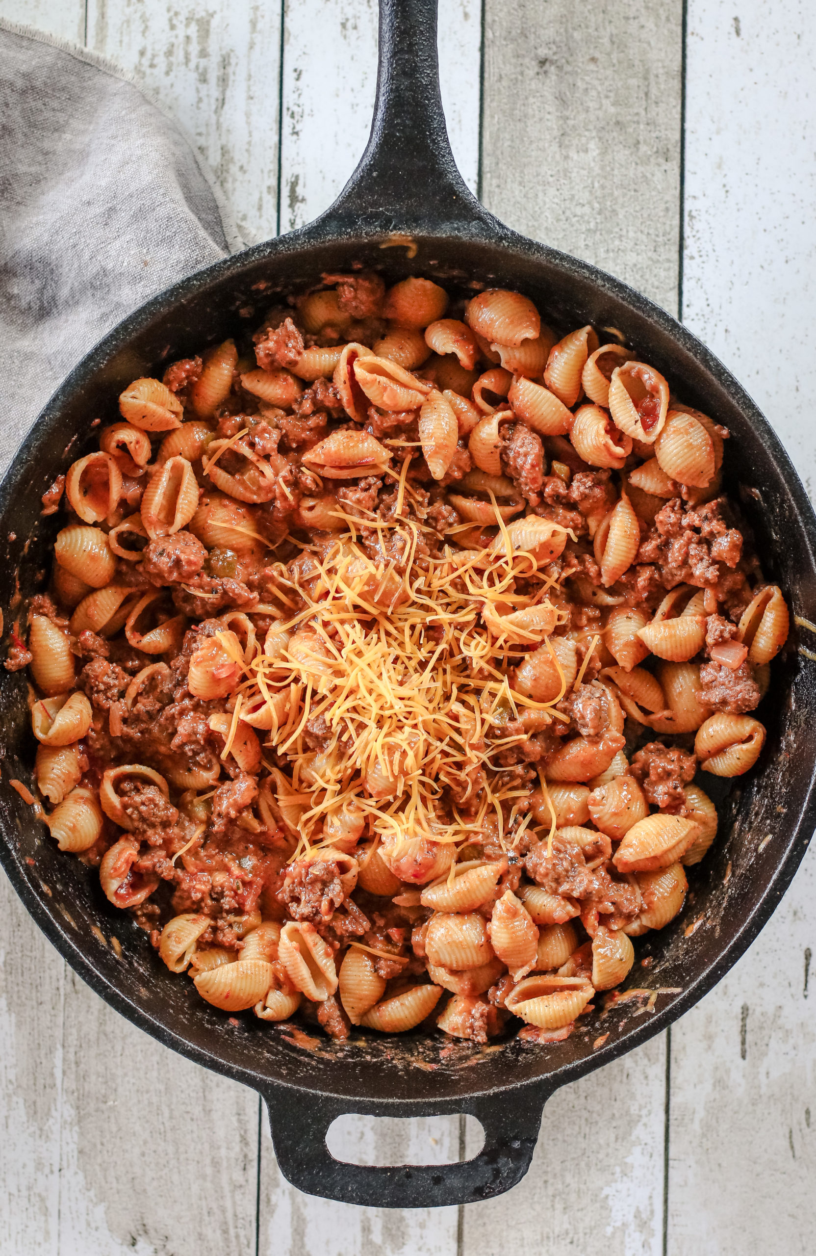 overhead of a skillet of Taco Pasta