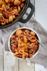 Overhead view of a bowl of taco pasta