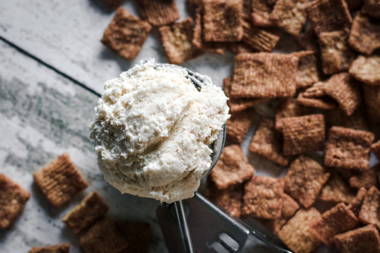 view of a scoop of cinnamon toast crunch cereal milk ice cream