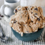 straight on view of a bowl of dark chocolate chunk coffee ice cream