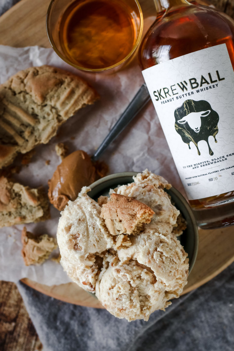 overhead view of a bowl of peanut butter whiskey ice cream