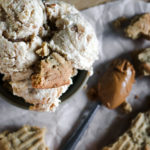 overhead view of a bowl of peanut butter whiskey ice cream