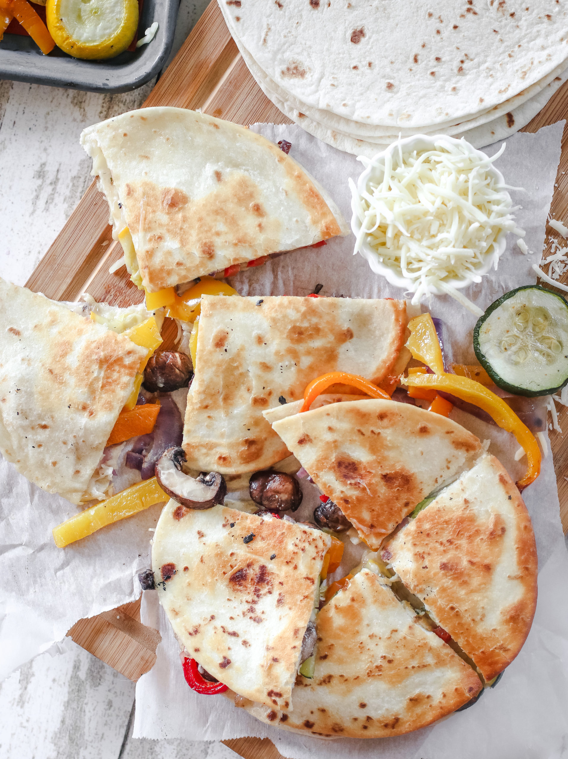 overhead view of a roasted veggie quesadilla