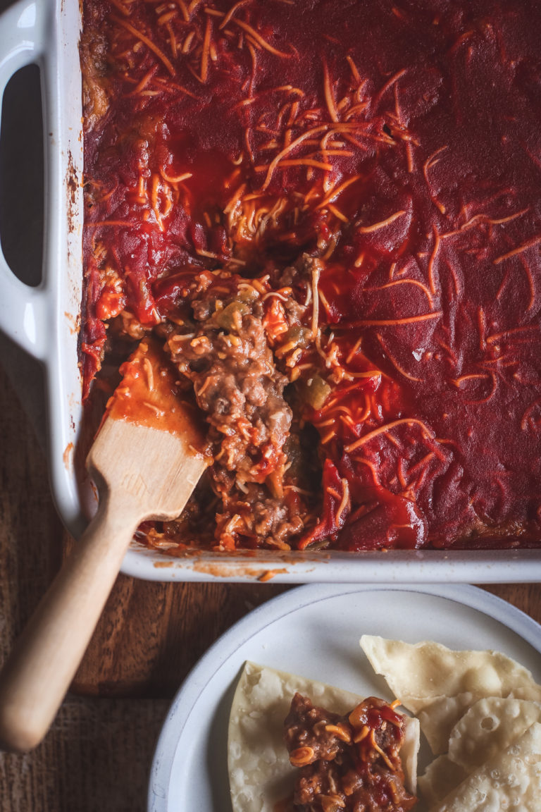 overhead view of the mexican dip with hamburger