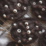 overhead view of chocolate cookies filled with candy eyeballs