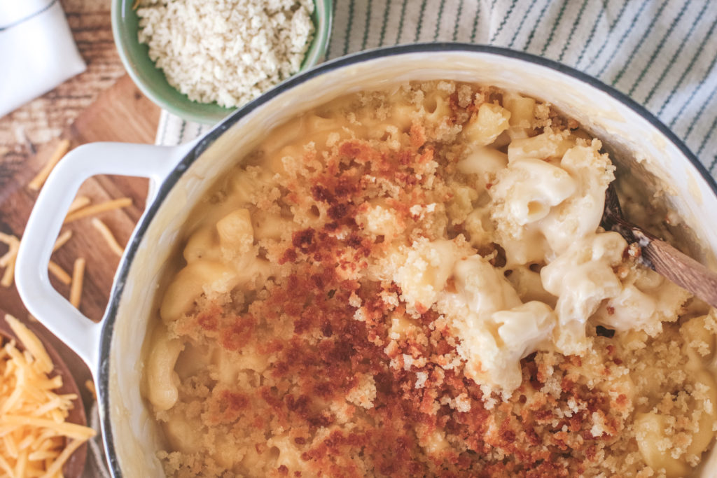 overhead view of a pot of creamy mac and cheese