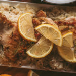 overhead view of a plate of crockpot lemon chicken and rice