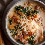 overhead view of a bowl of creamy zuppa toscana soup