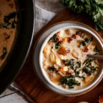 overhead view of a bowl of creamy zuppa toscano