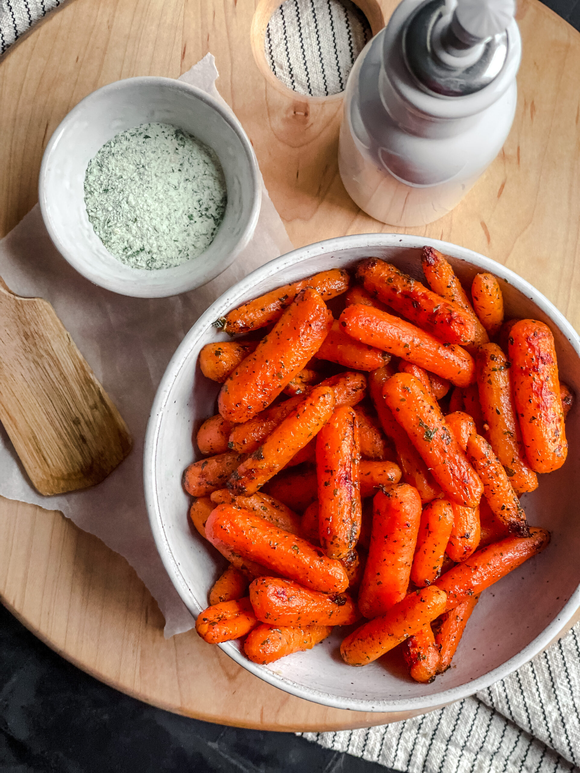 overhead shot of a bowl of roasted ranch carrots