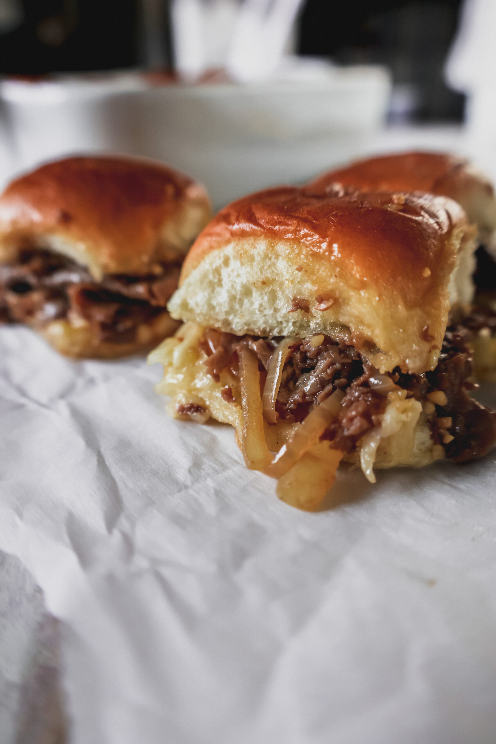 straight on view of french dip sliders recipe