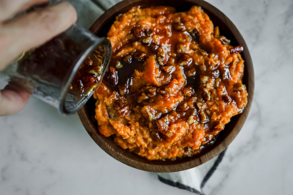 whipped sweet potatoes with pecan maple syrup sauce recipe