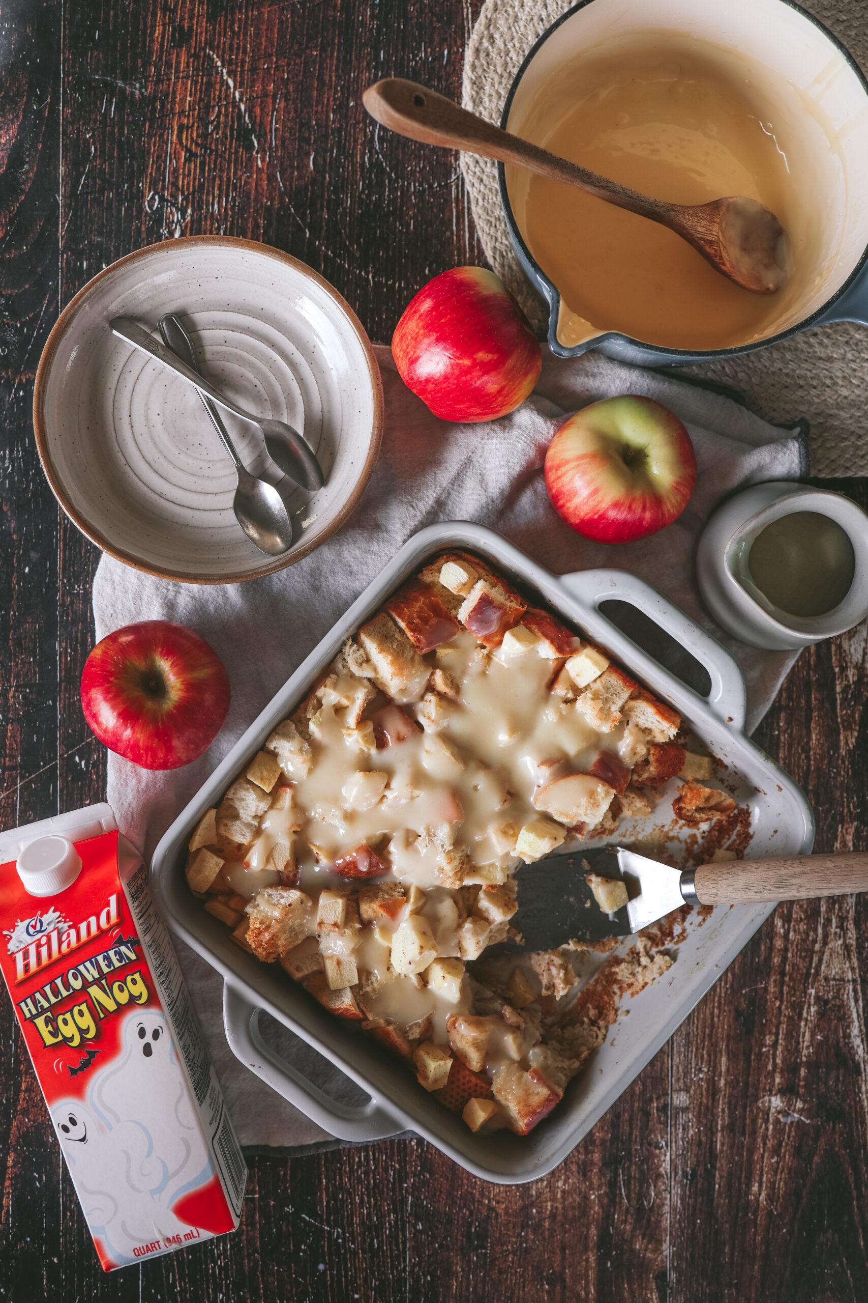 Eggnog Apple Bread Pudding with Creamy Eggnog Sauce