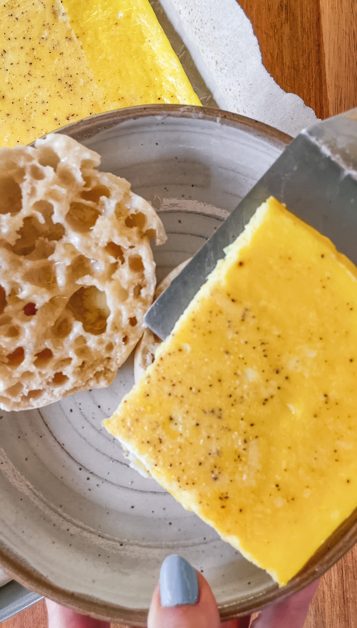 Meal prep sheet pan eggs cut into squares for quick breakfast