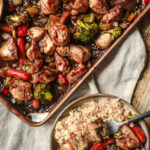Easy sheet pan dinner served over white rice