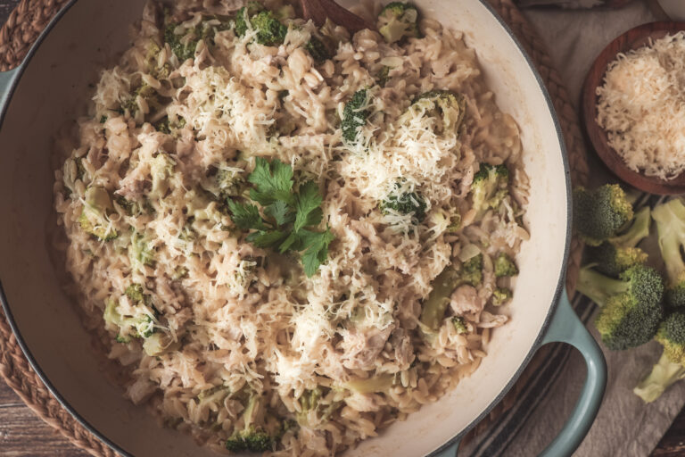One Pan Creamy Chicken and Broccoli with Orzo