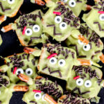 Make spooky and fun Frankenstein Pretzels for Halloween! Easy chocolate-dipped pretzel with candy eyes and silly monster faces kids will love.