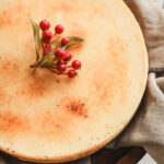 Overhead look at a creme brulee cheesecake with a toasted sugar top
