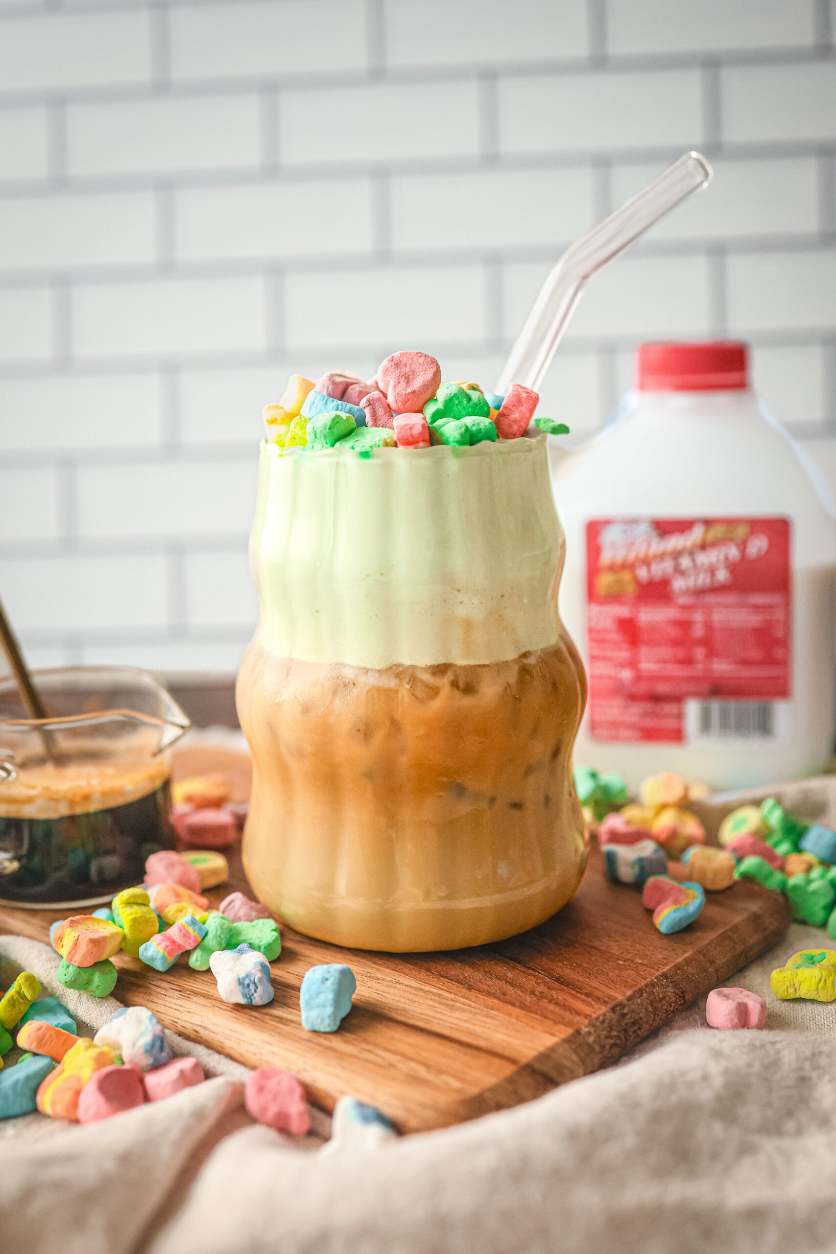 Iced Lucky Charms latte made with cereal milk and espresso