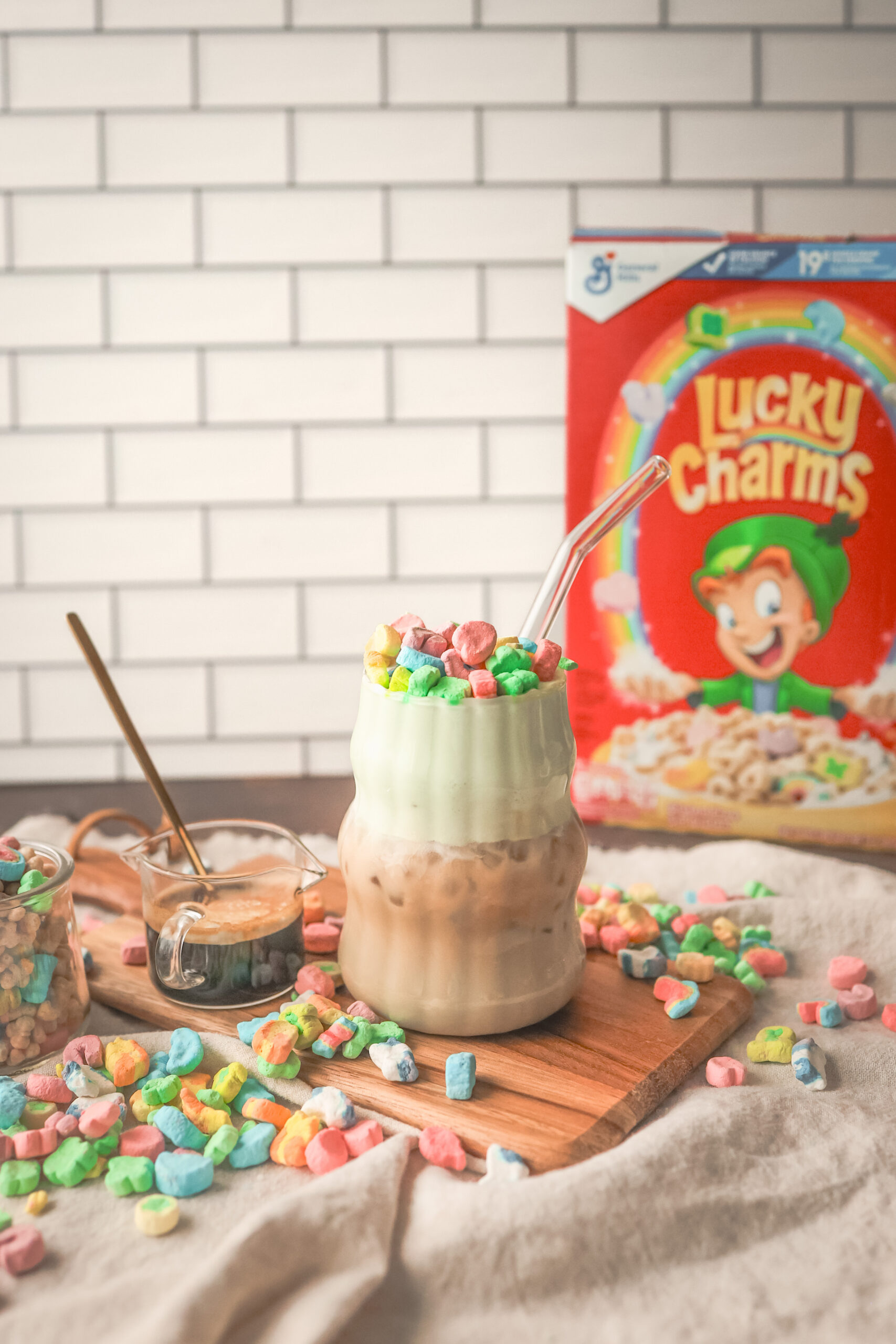 Iced Lucky Charms latte made with cereal milk and espresso
