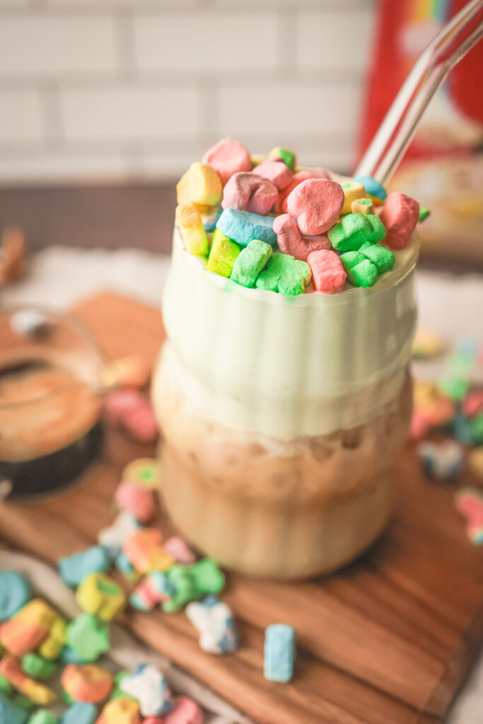 Iced Lucky Charms latte made with cereal milk and espresso