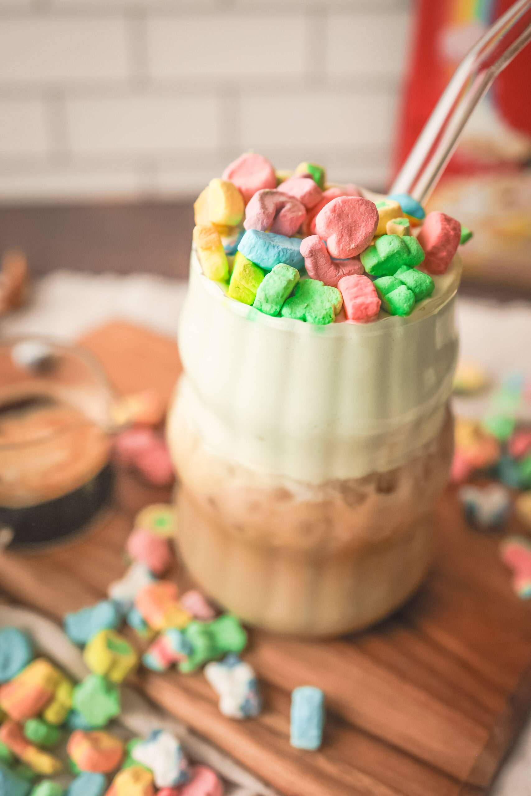 Iced Lucky Charms latte made with cereal milk and espresso