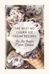 No churn ice cream recipes with a blueberry pie ice cream in a loaf pan with a blueberry swirl topping in the background