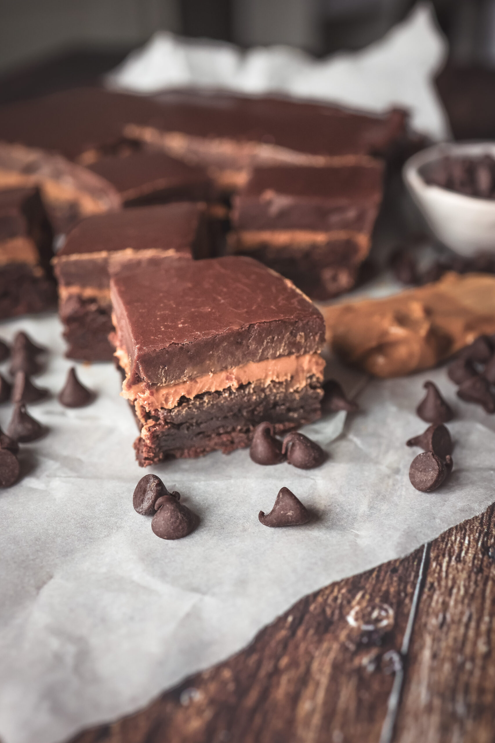 Layered peanut butter brownies with rich chocolate frosting on top