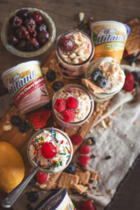 Easy yogurt parfait ideas with fruit, chocolate, and granola in five different flavor combinations