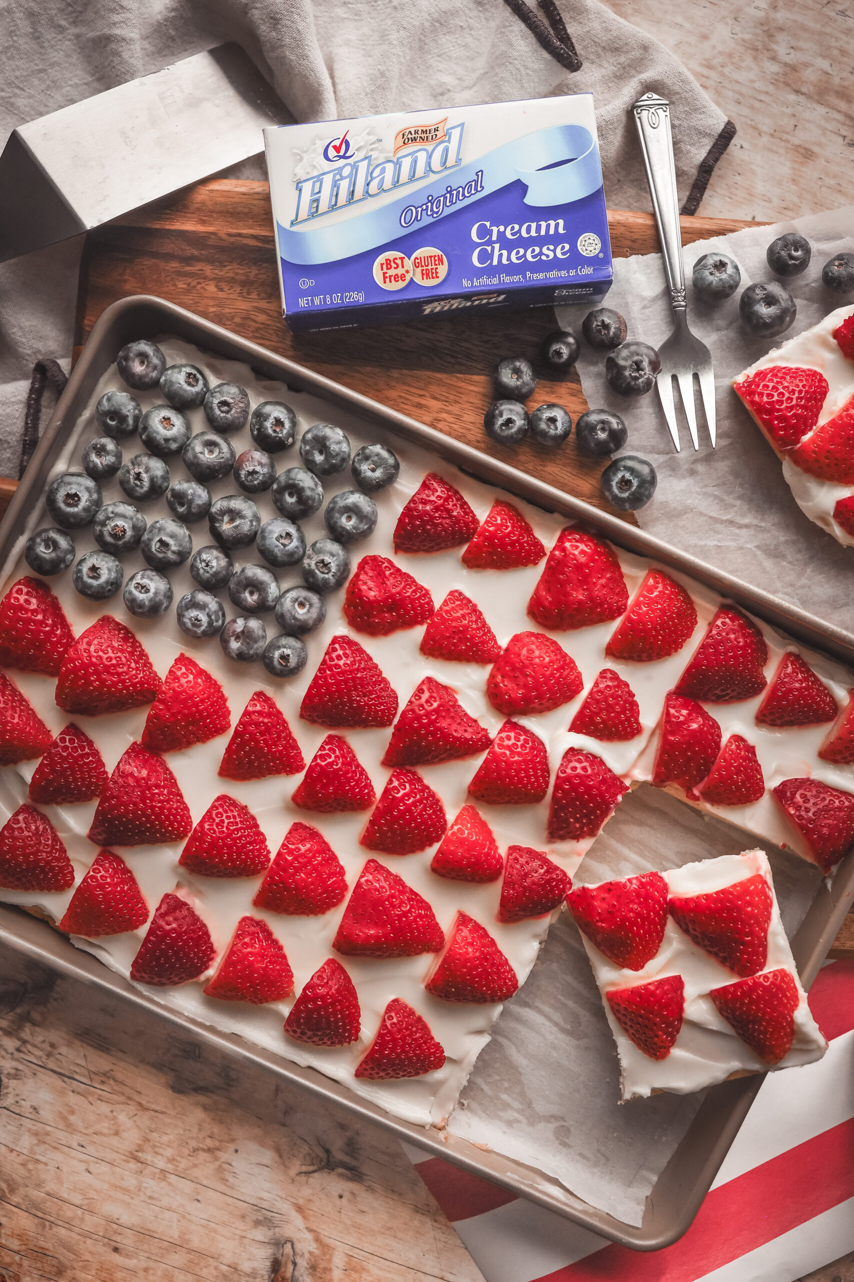 American Flag Fruit Pizza on rectangle tray