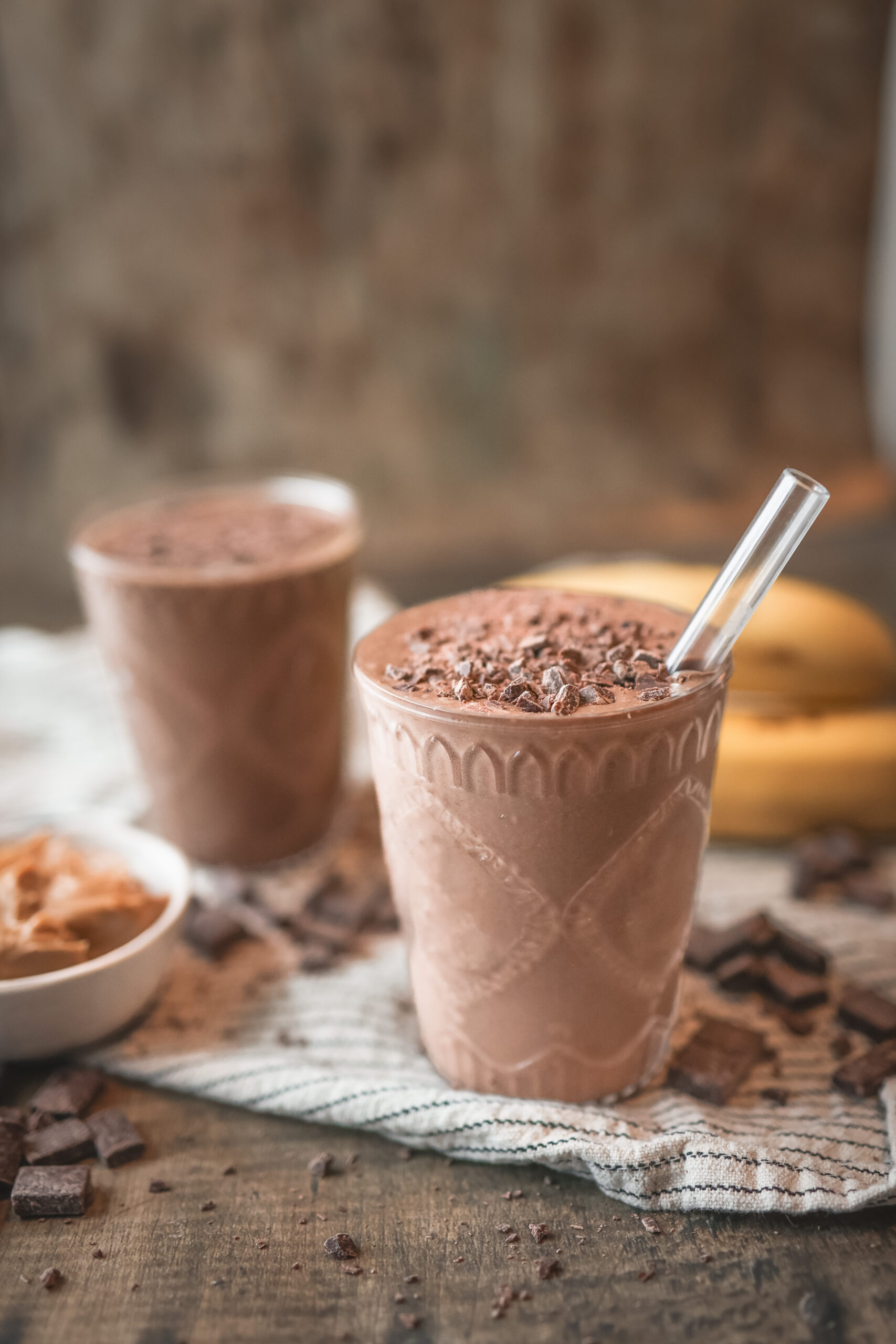 Chocolate peanut butter smoothie made with Hiland Chocolate Peanut Butter Milk, banana, peanut butter, and cocoa powder.