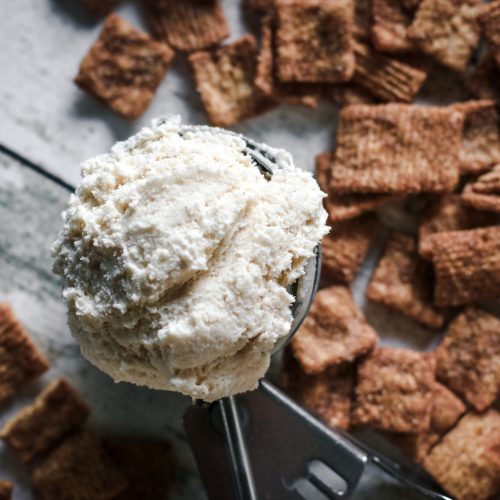 view of a scoop of cinnamon toast crunch cereal milk ice cream